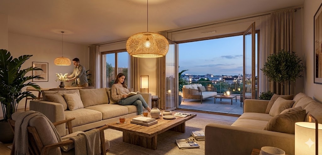 Intérieur lumineux d'un appartement neuf avec baie vitrée